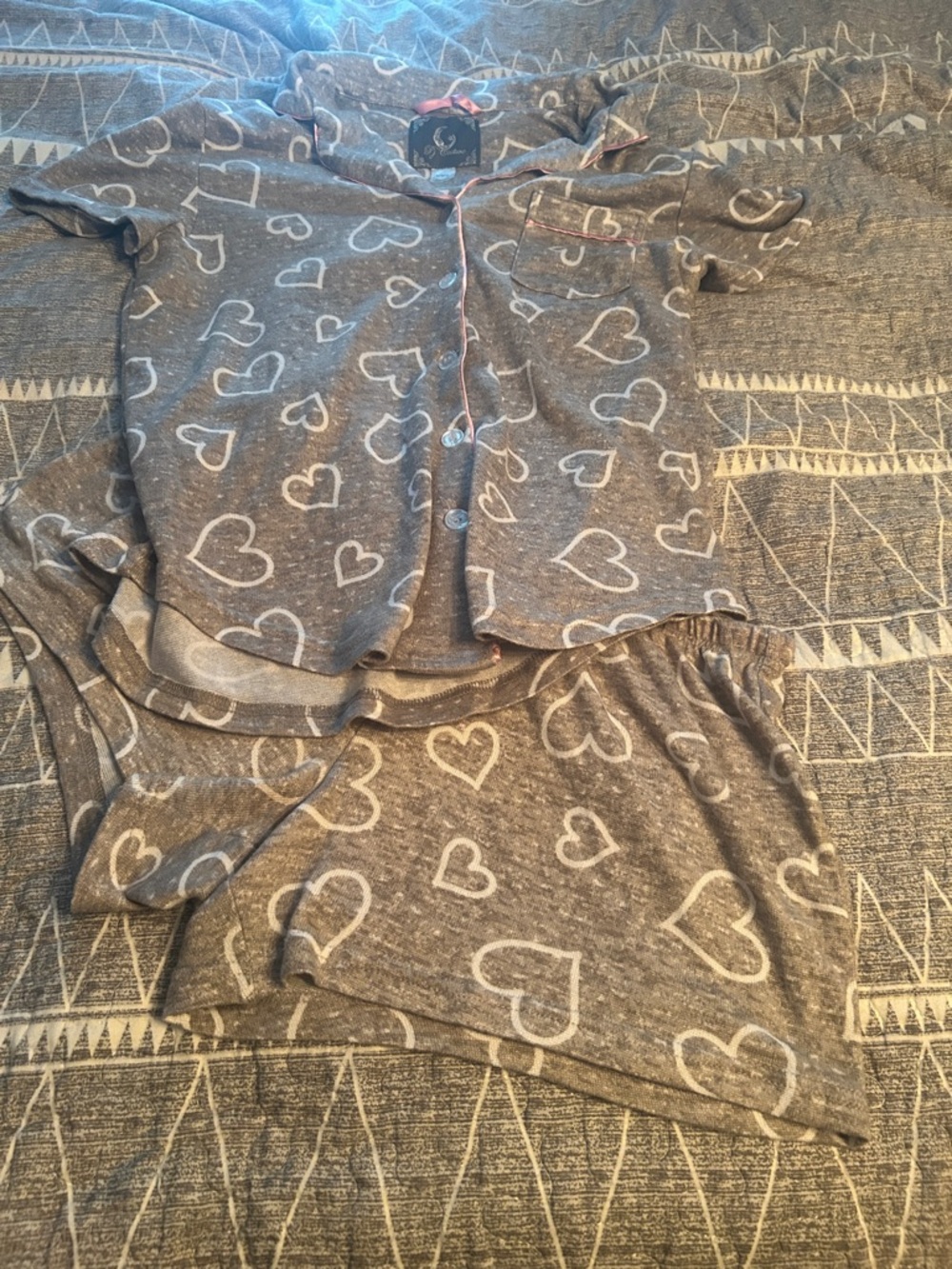 Pj Couture Gray Heart-Print Pajama Top with Pink Piping